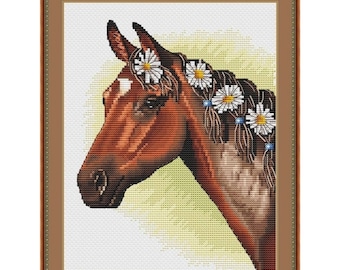 Horse with Daisies Counted Cross Stitch Pattern, Horse Cross Stitch Chart