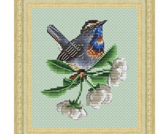 Bluethroat Counted Cross Stitch Pattern, Little Spring Bird Cross Stitch Chart