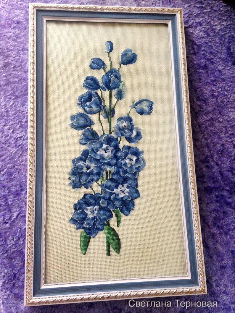 Delphinium Blue Counted Cross Stitch Pattern, Blue Flower Embroidery Chart image 3