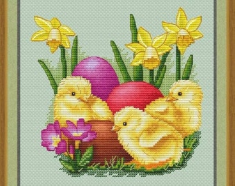 Easter Chickens Counted Cross Stitch Pattern, Easter Embroidery Chart