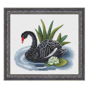 Black Swan with White Water Lily Counted Cross Stitch Pattern
