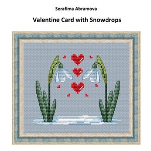 Perce-neige avec coeurs pour la Saint-Valentin, modèle de point de croix compté par cartes