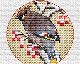 Bohemian Waxwing Christmas Ball Counted Cross Stitch Pattern