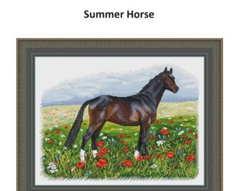 Summer Horse Counted Cross Stitch Pattern, Horse Embroidery Chart