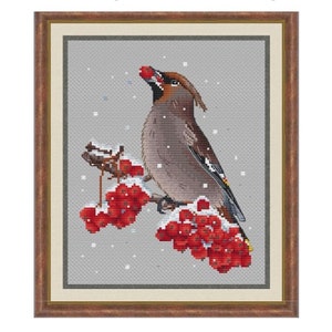 Waxwings Counted Cross Stitch Pattern, Bohemian Waxwings Embroidery Chart