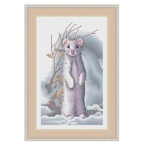 Stoat in Winter Counted Crosss Stitch Pattern, Stoat Embroidery Chart
