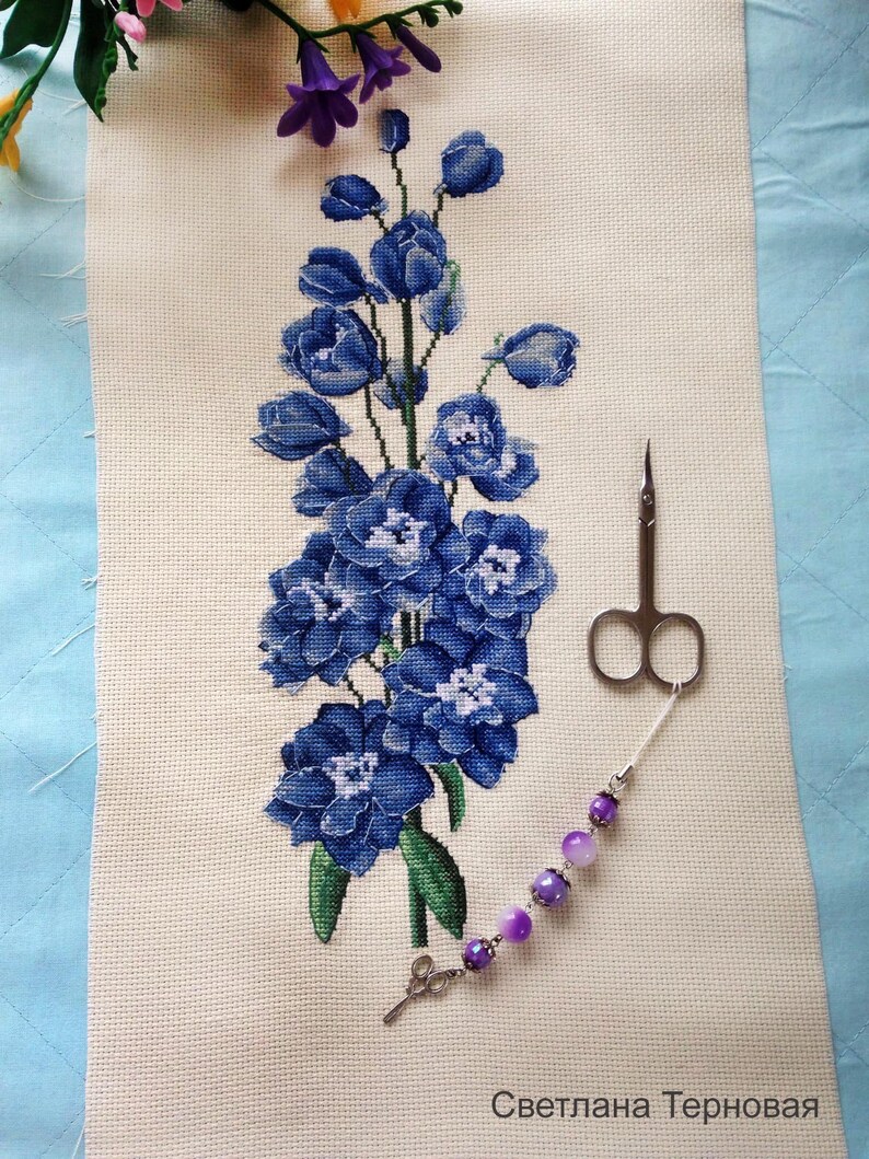 Delphinium Blue Counted Cross Stitch Pattern, Blue Flower Embroidery Chart image 5