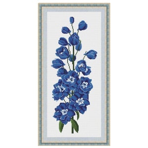 Delphinium Blue Counted Cross Stitch Pattern, Blue Flower Embroidery Chart image 1