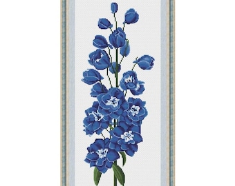 Delphinium Blue Counted Cross Stitch Pattern, Blue Flower Embroidery Chart