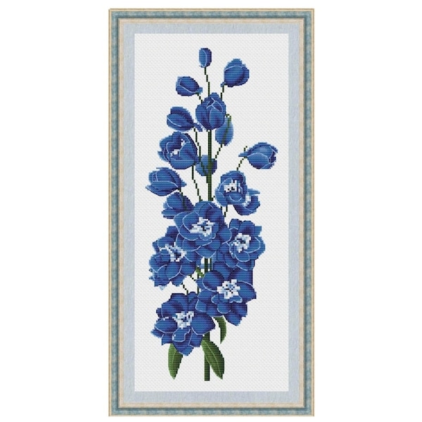 Delphinium Blue Counted Cross Stitch Pattern, Blue Flower Embroidery Chart