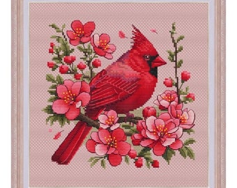 Cardinal in Spring Counted Cross Stitch Pattern, Northern Cardinal Cross Stitch Chart