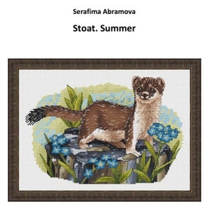 Stoat Among Forget-Me-Not Counted Crosss Stitch Pattern, Stoat Embroidery Chart