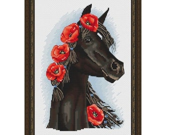 Horse with Poppies Counted Cross Stitch Pattern