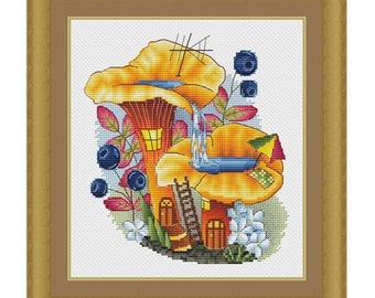 Mushroom House Counted Cross Stitch Pattern, Chanterelle Cross Stitch Chart