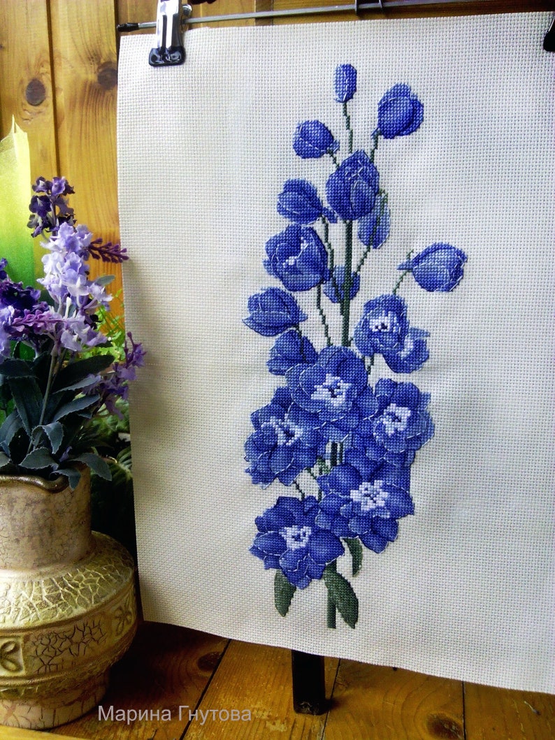 Delphinium Blue Counted Cross Stitch Pattern, Blue Flower Embroidery Chart image 4