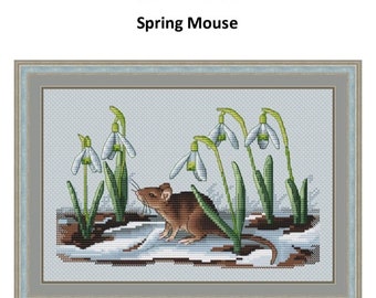 Mouse and Snowdrops Counted Cross Stitch Pattern PDF, Spring Mouse Cross Stitch Chart