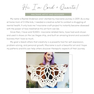 May include: A woman with purple hair holds a large, white macrame wall hanging. The macrame is in the shape of a circle with a geometric pattern. The text "Hi. I'm Cord + Quartz!" is written above the image. The text "Macrame Artist and Designer" is written below the image.