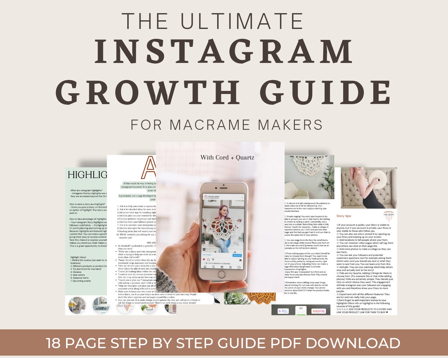 Instagram growth guide for Macrame Makers. FULL ultimate guide. PDF on how to grow your macrame instagram page.