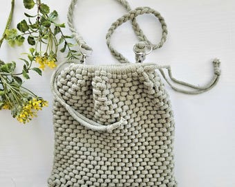 Drawstring adjustable macrame purse. Green cotton handmade macrame bag. Boho lovers gift.