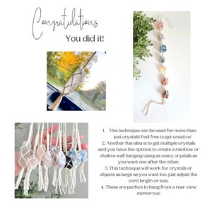 May include: A close-up of a handmade crystal car charm. The charm is made with white string and features a variety of crystals in different colors, including pink, purple, blue, and green. The crystals are tied together with knots and the string is finished with a tassel. The charm is hanging from a rear view mirror.