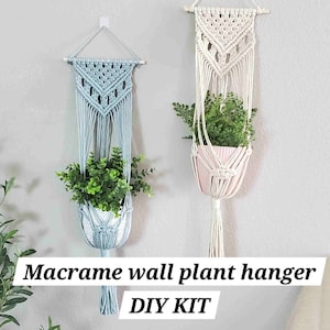 Può includere: Kit fai-da-te per appendere piante in macramè da parete con due portavasi sospesi, uno in azzurro e uno in bianco, ognuno con una pianta in vaso.