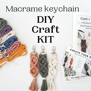 May include: DIY macrame keychain craft kit with cord and quartz. The kit includes colorful cords, metal rings, and a PDF pattern with a QR code to scan for instructions. The image shows three finished macrame keychains in peach, green, and white.