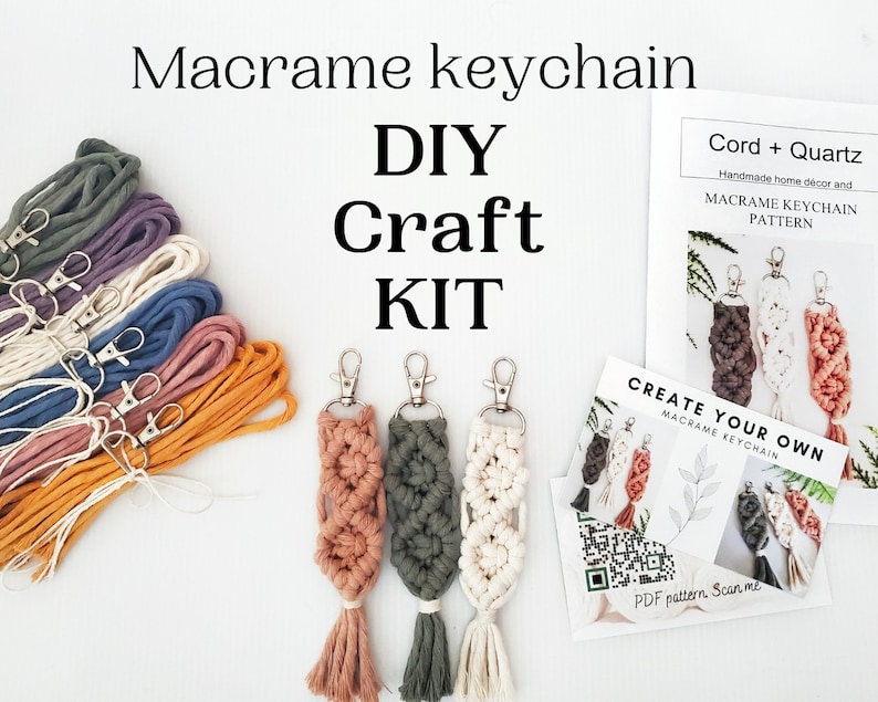 May include: DIY macrame keychain craft kit with cord and quartz. The kit includes colorful cords, metal rings, and a PDF pattern with a QR code to scan for instructions. The image shows three finished macrame keychains in peach, green, and white.