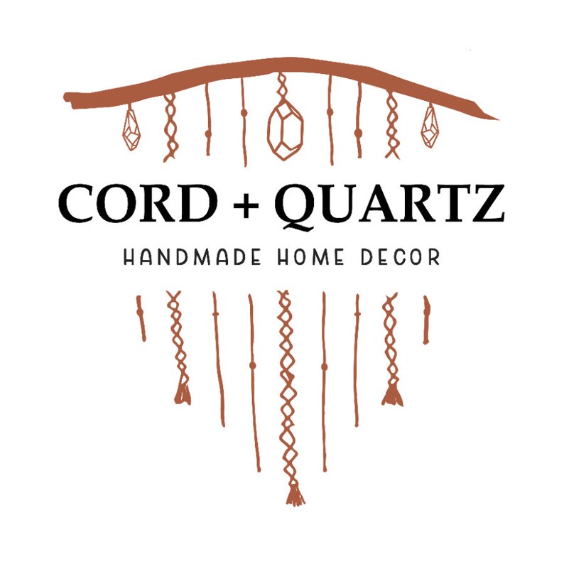 May include: A logo for a business called "CORD + QUARTZ" that specializes in handmade home decor. The logo features a stylized branch with hanging crystals and macrame.