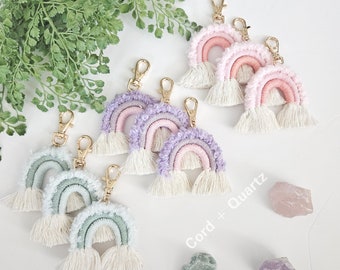 Macrame rainbow keychains. Colorful handcrafted boho accessories for keys and bags.