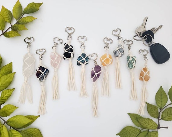 Raw Crystal Keychains, Macrame Wrapped Boho Keychains