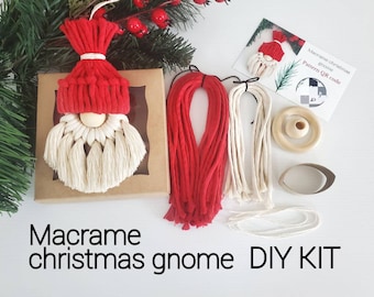 Macrame Christmas Gnome Ornament DIY Kit. All materials included. Beginner friendly.