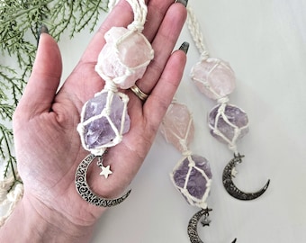 Macrame wrapped crystal rear view mirror charm. Amethyst and rose quartz. With moon charm.