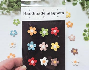 Handmade sewn flower MAGNETS. Set of 9. Strong spring magnets.