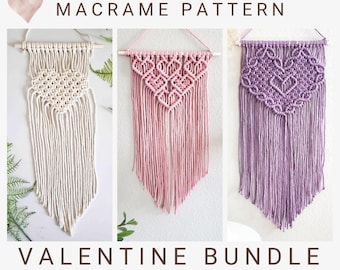 Macrame Heart Wall Hanging Pattern BUNDLE: 3 Valentines DIY tutorials PDF. (Digital Download)