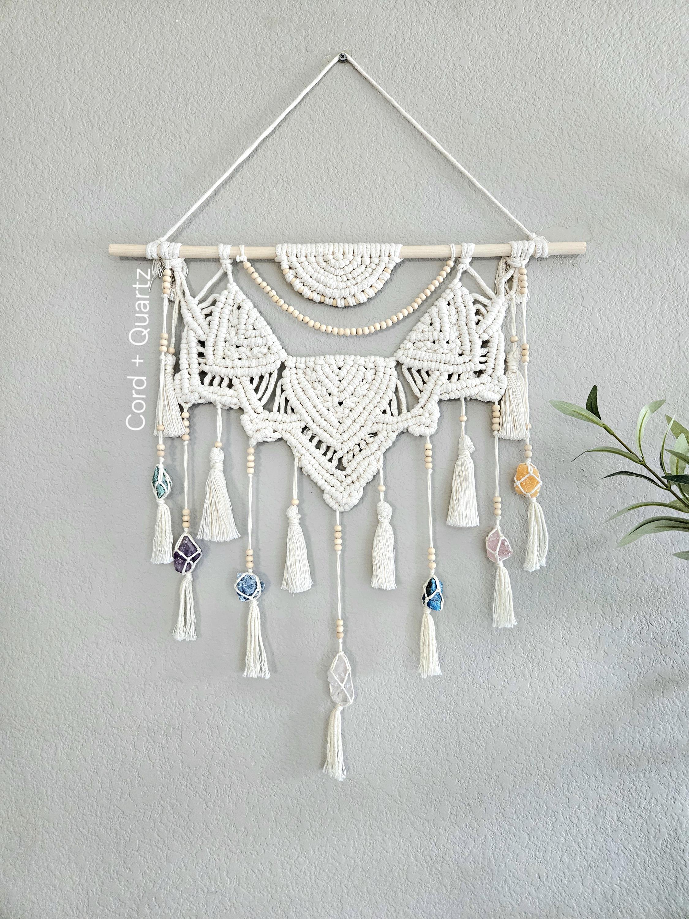 Macrame Half Mandala Wall Hanging with Raw Crystals: Handmade Boho Home Decor