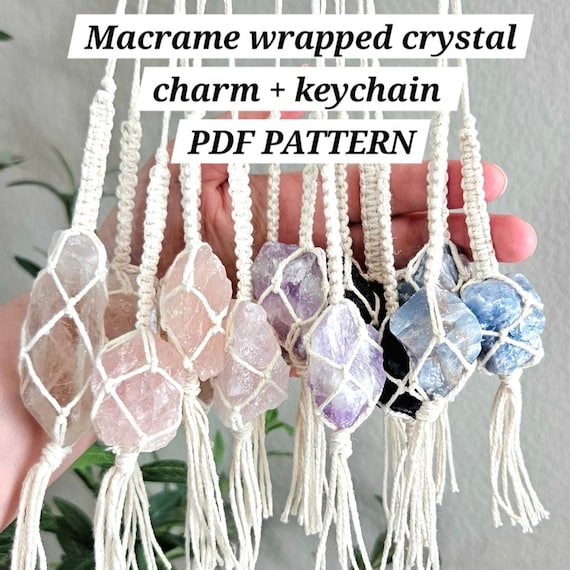 How to macrame wrap crystal charms and keychains PDF pattern. Step by step beginner tutorial.