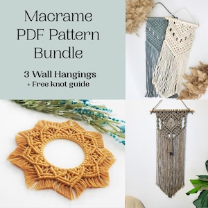 以下が含まれることがあります： マクラメPDFパターンバンドルの画像。グレー、クリーム、ブラウンの色合いの3つのマクラメの壁掛けが表示されています。円形のマクラメのデザインも表示されています。テキストは「Macrame PDF Pattern Bundle, 3 Wall Hangings + Free knot guide」と書かれています。