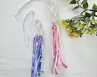 Macrame wrapped crystal charms. Noho metaphysical charms. Quartz point.