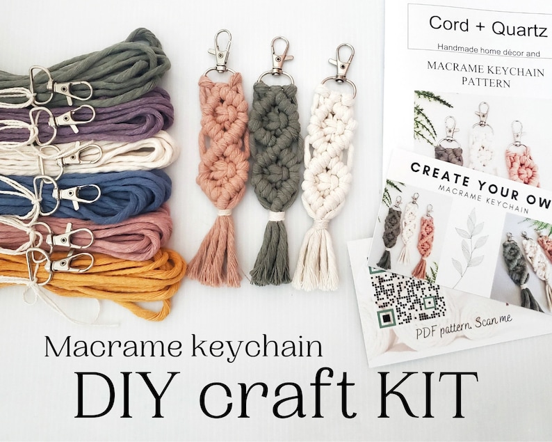 May include: DIY macrame keychain craft kit with cord and quartz. The kit includes six spools of cord in various colors, six silver key rings, and a pattern to create your own macrame keychain. The pattern is available as a PDF and can be accessed by scanning the QR code.