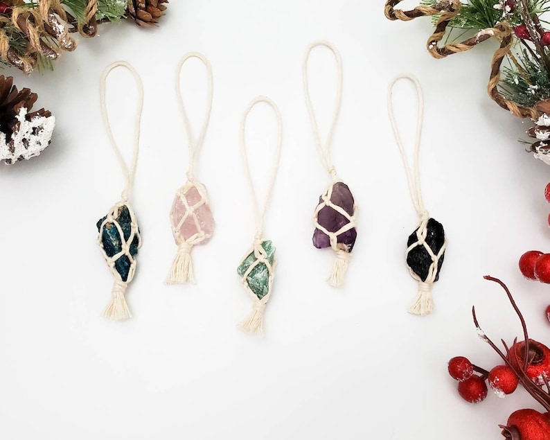 Raw stones. Metaphysical healing stones hangers Ethically sourced crystal charms Boho Christmas ornaments Crystal Christmas ornaments