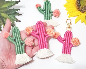 Handmade cactus keychains. boho desert style macrame keychain gift for her.