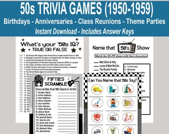 50s Trivia Games, 1953 Anniversary Games, 1958 Birthday Games, 50s Birthday Games, 1953 Class Reunion Games, 1958 Reunion Games, Printable