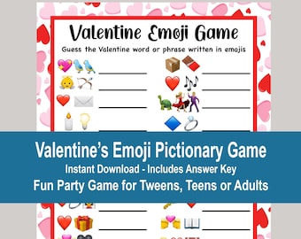 Valentine's Day Emoji Pictionary Game, Valentine Emoji Game, Valentine's Day Party Printable Games, Fun Emoji Game, School Emoji Game