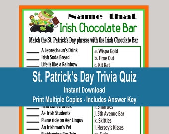 St Patricks Day Games, Tween St Patricks Day Trivia,Teen St Patricks Day Game, Group Game, Irish Trivia Chocolate Bar Game, Instant Download