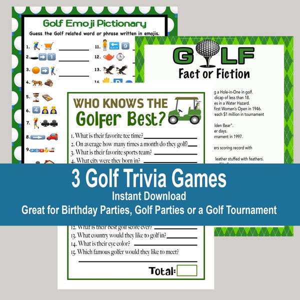 Golf Trivia Games, Golf Tournament Games, Golf Birthday Games, Retirement Games for Golfer, Golf Emoji Game, Golf Pictionary Game