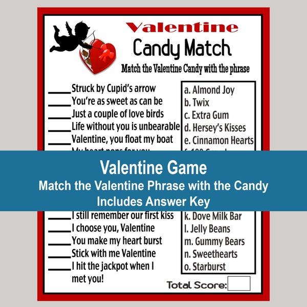 Valentine's Day Candy Match Game, Fun Valentine's Day Printable Games, Tween and Teen Candy Party Game, Galentine Games, Classroom Fun