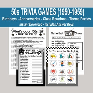 50s Trivia Games, 1953 Anniversary Games, 1958 Birthday Games, 50s Birthday Games, 1953 Class Reunion Games, 1958 Reunion Games, Printable