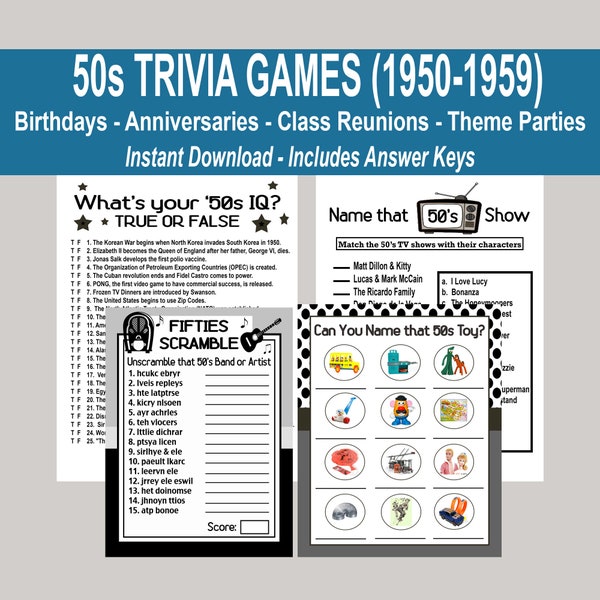 50s Trivia Games, 1953 Anniversary Games, 1958 Birthday Games, 50s Birthday Games, 1953 Class Reunion Games, 1958 Reunion Games, Imprimable