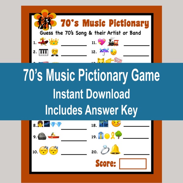 70s Trivia Music Emoji Game, 50th Birthday Games, 1973 Anniversary Games, 70s Games, 70s Trivia Games, 70s Class Reunion Games, Printable