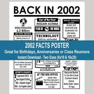 2002 Facts Poster, 20thh Facts Birthday Poster, Back in 2002 Sign, 20th Party Decorations, 2002 Anniversary Sign, Instant Download